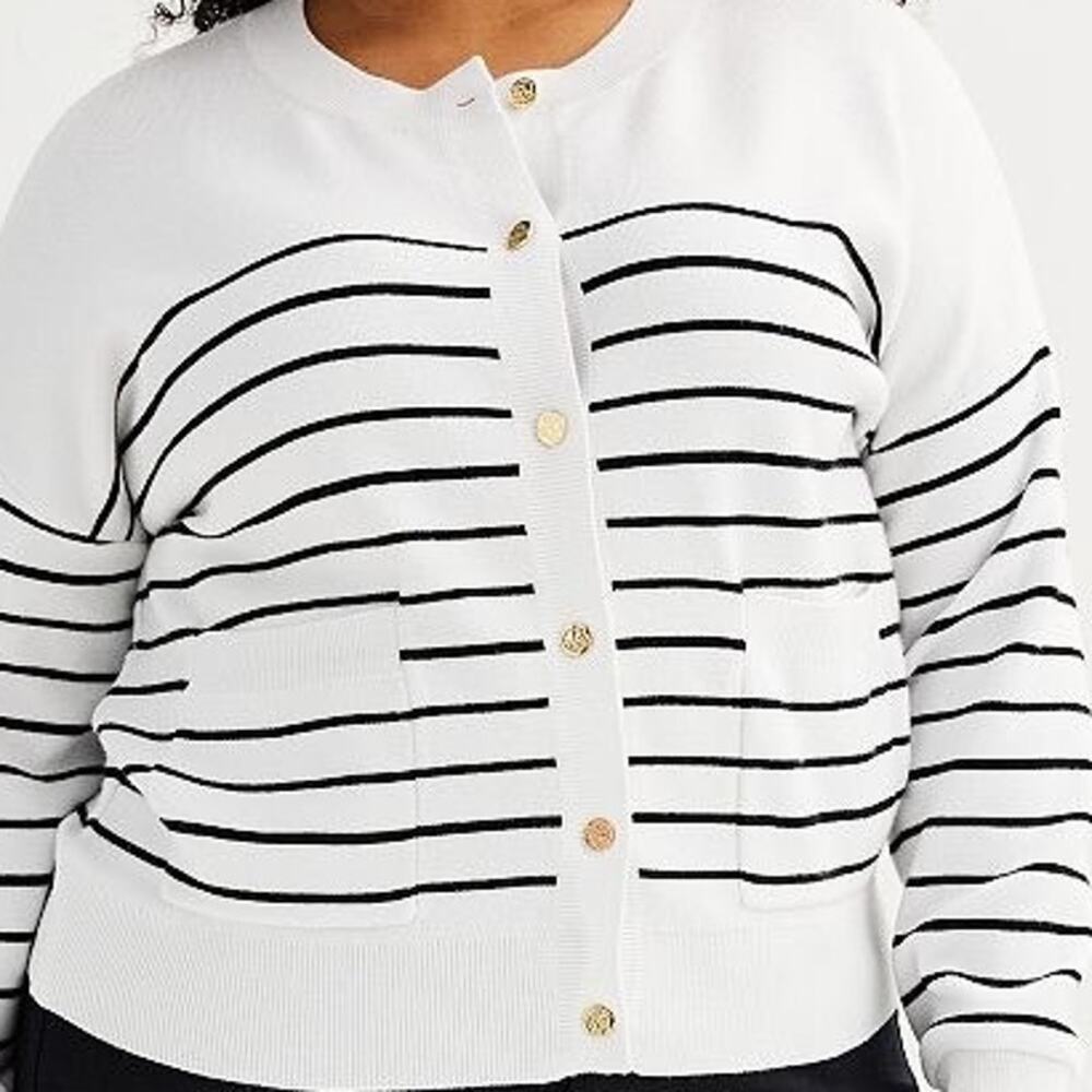 Draper James RSVP Button Front White Black Striped Preppy Coastal Cardigan 3X - Picture 3 of 12